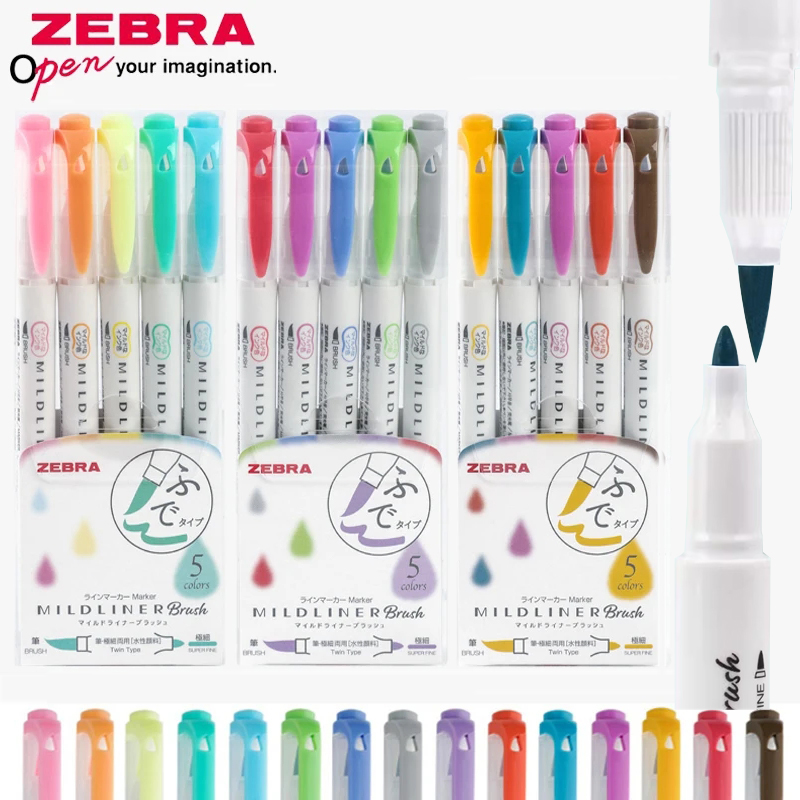 Zebra Pen Mildliner - Маркер Zebra WFT8 Mildliner, ручки-кисти, набор
